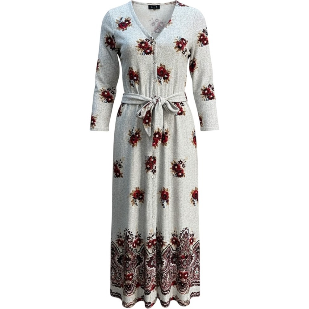 Tacera Women's Small Floral Maxi Dress Gray Burgundy Button Front Tie Waist
